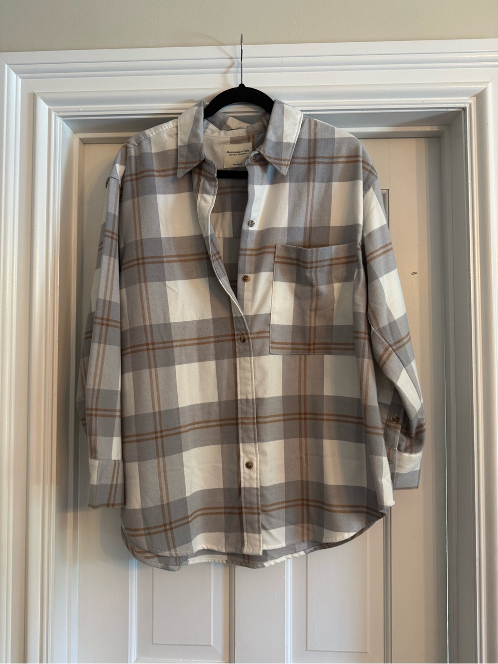 Plaid Flannel Button-Up Shirt - Cream & Gray with Brown stripes